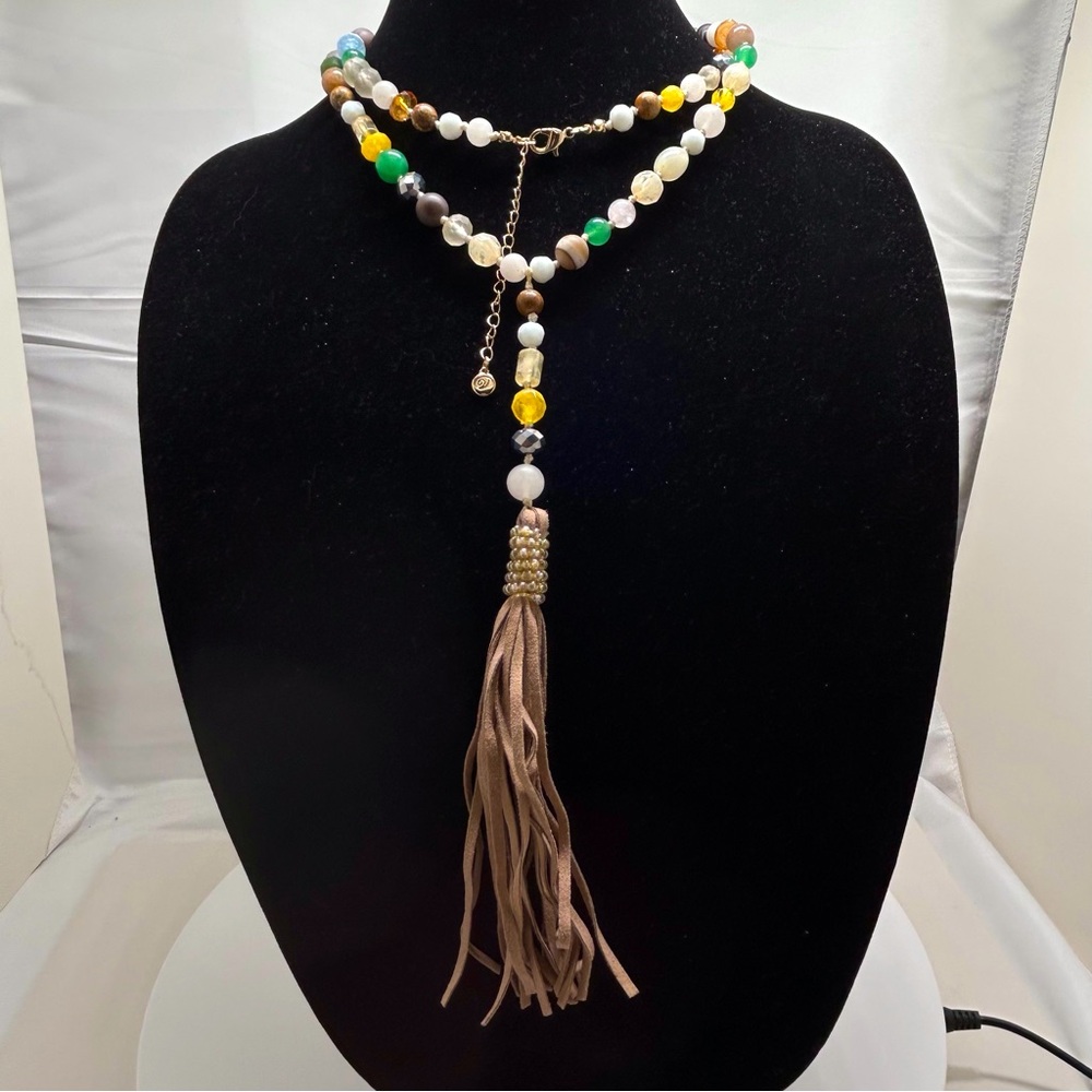 Vida, Stone Beaded Long Necklace With Tan Suede Tassel